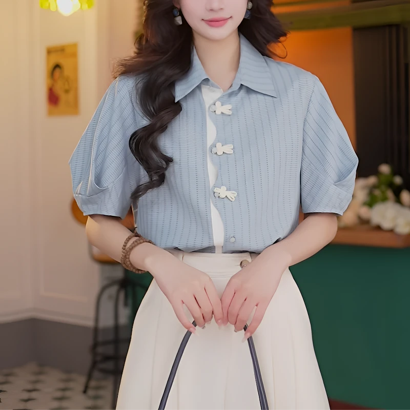 香朵儿韩系竖条拼接短袖衬衫女2025夏季新款温婉大方宽松休闲上衣