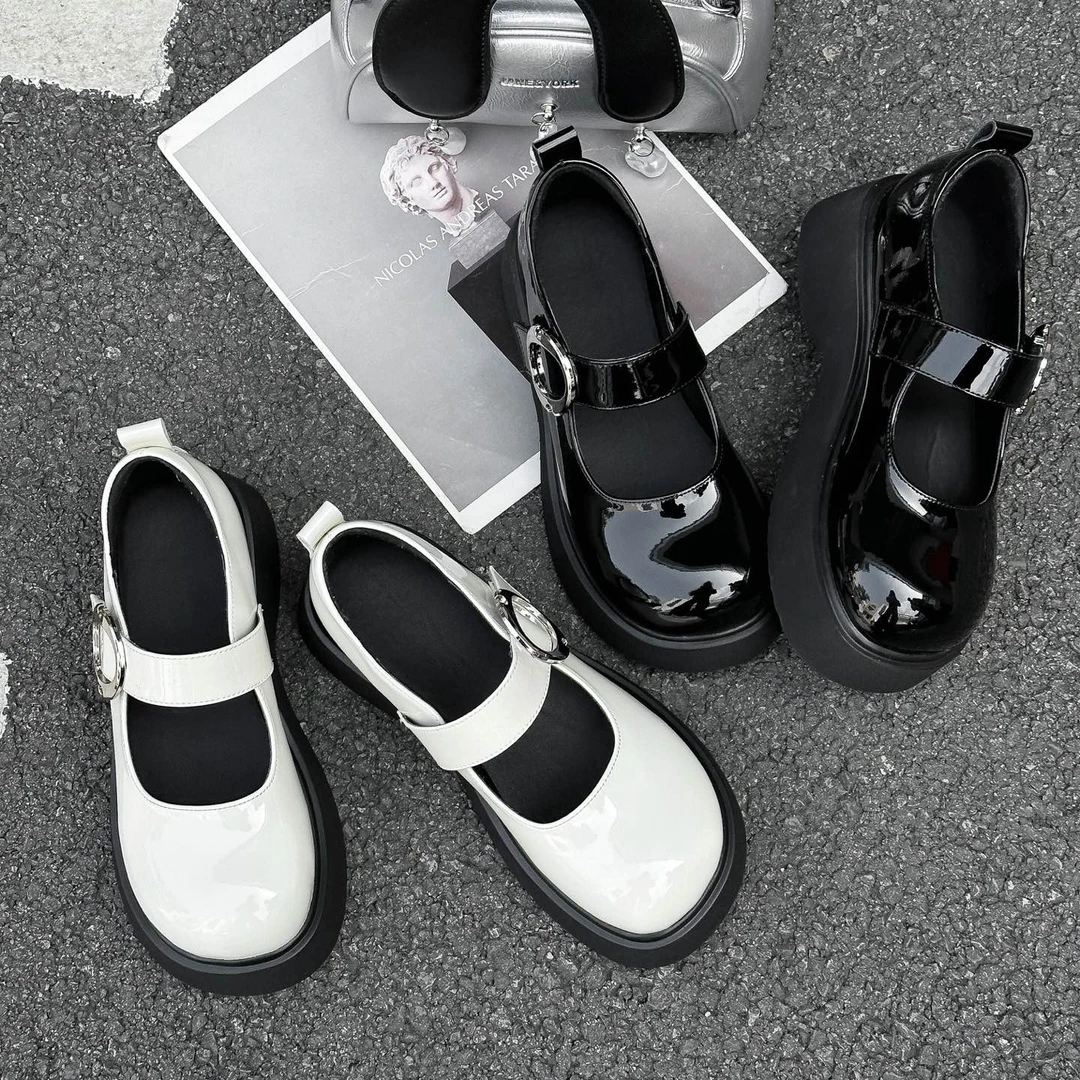 2025春季新款玛丽珍鞋百搭圆头粗跟单鞋一字扣带软底软面乐福鞋子