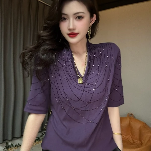 【夏季新款】欧货V领亮钻钉珠爆款洋气时尚重工烫钻五分袖短袖女