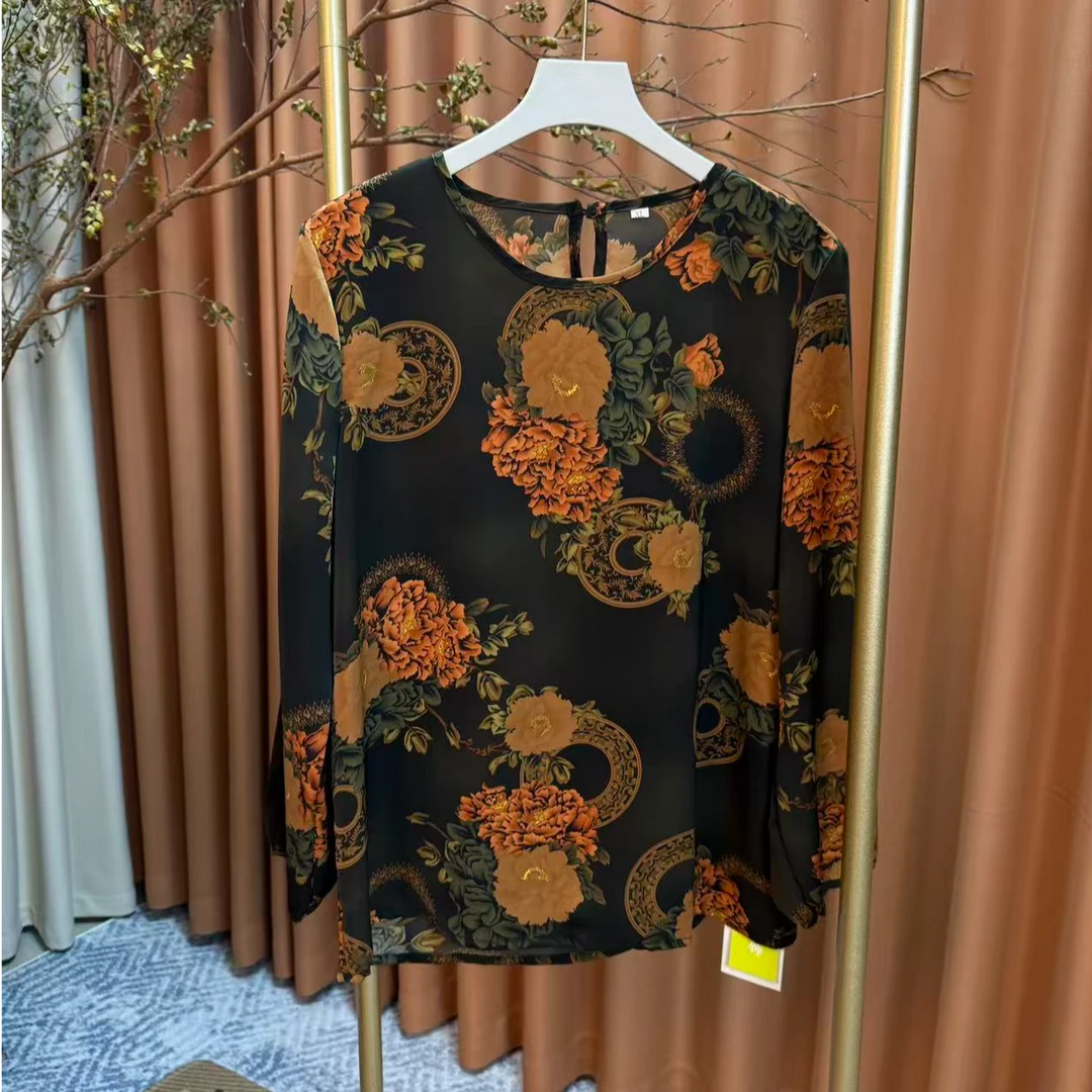 【花开富贵】春秋季国风丝绸长袖圆领宽松气质百搭打底衫女装小衫