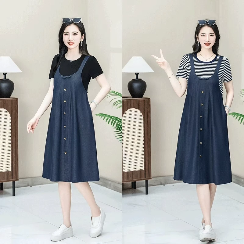 2025夏新款时尚气质显瘦设计感连衣裙女休闲遮肚子减龄牛仔背带裙