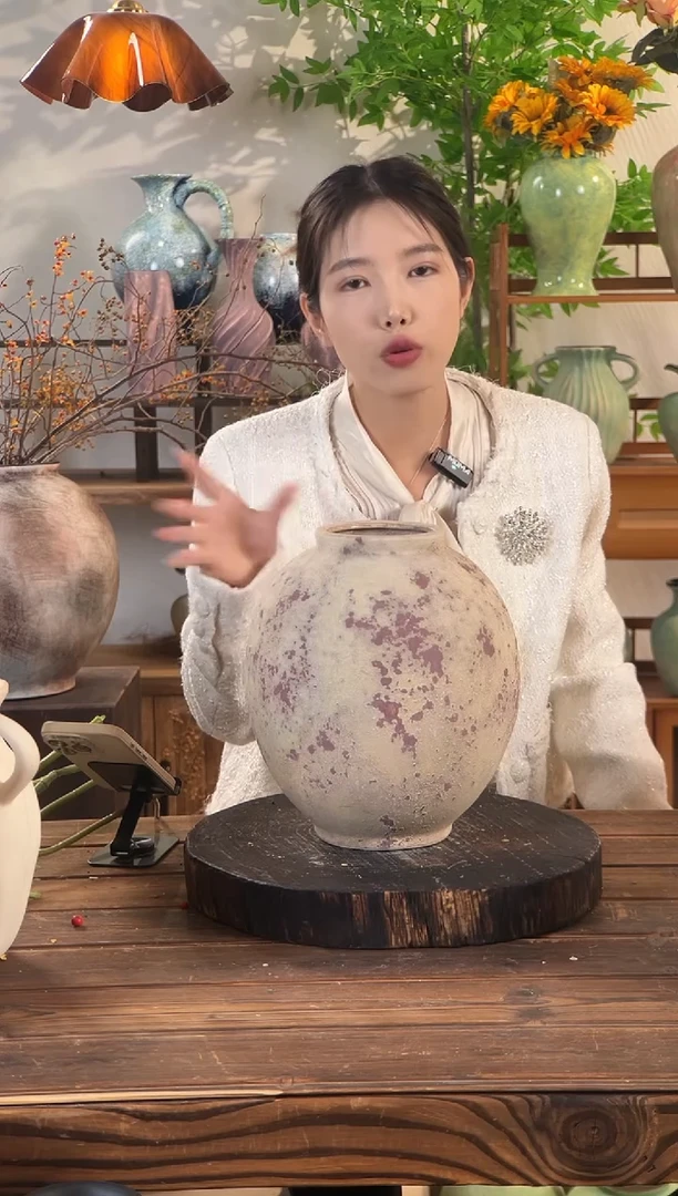 【斑点红月亮罐】侘寂风斑驳陶罐水培陶瓷花瓶【口10直径24高24.5cm】