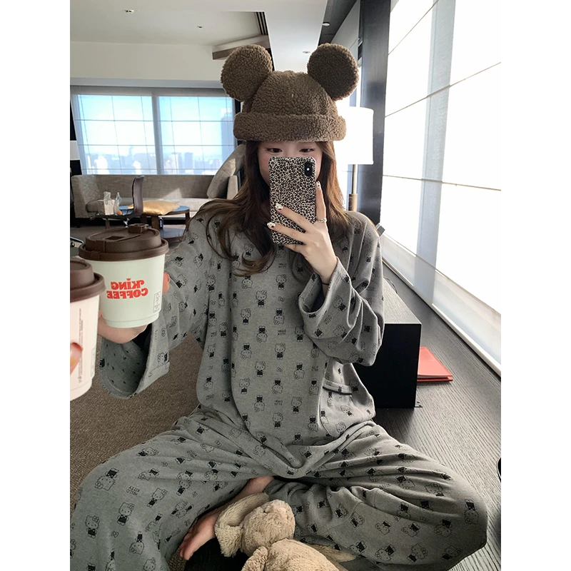 韩系可爱Kitty猫德绒睡衣女秋冬款亲肤保暖休闲家居服套装可外穿