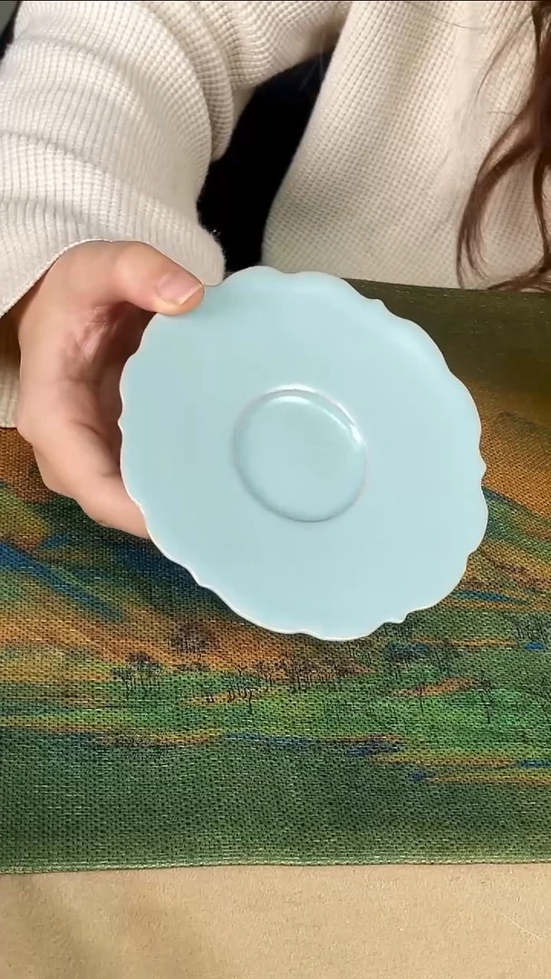 碟瓷孙现锋 仿古天青釉 花口盏托