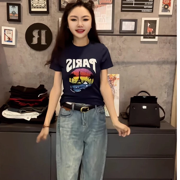 美式复古印花短袖t恤夏季女装2025新款设计感百搭显瘦纯棉上衣女