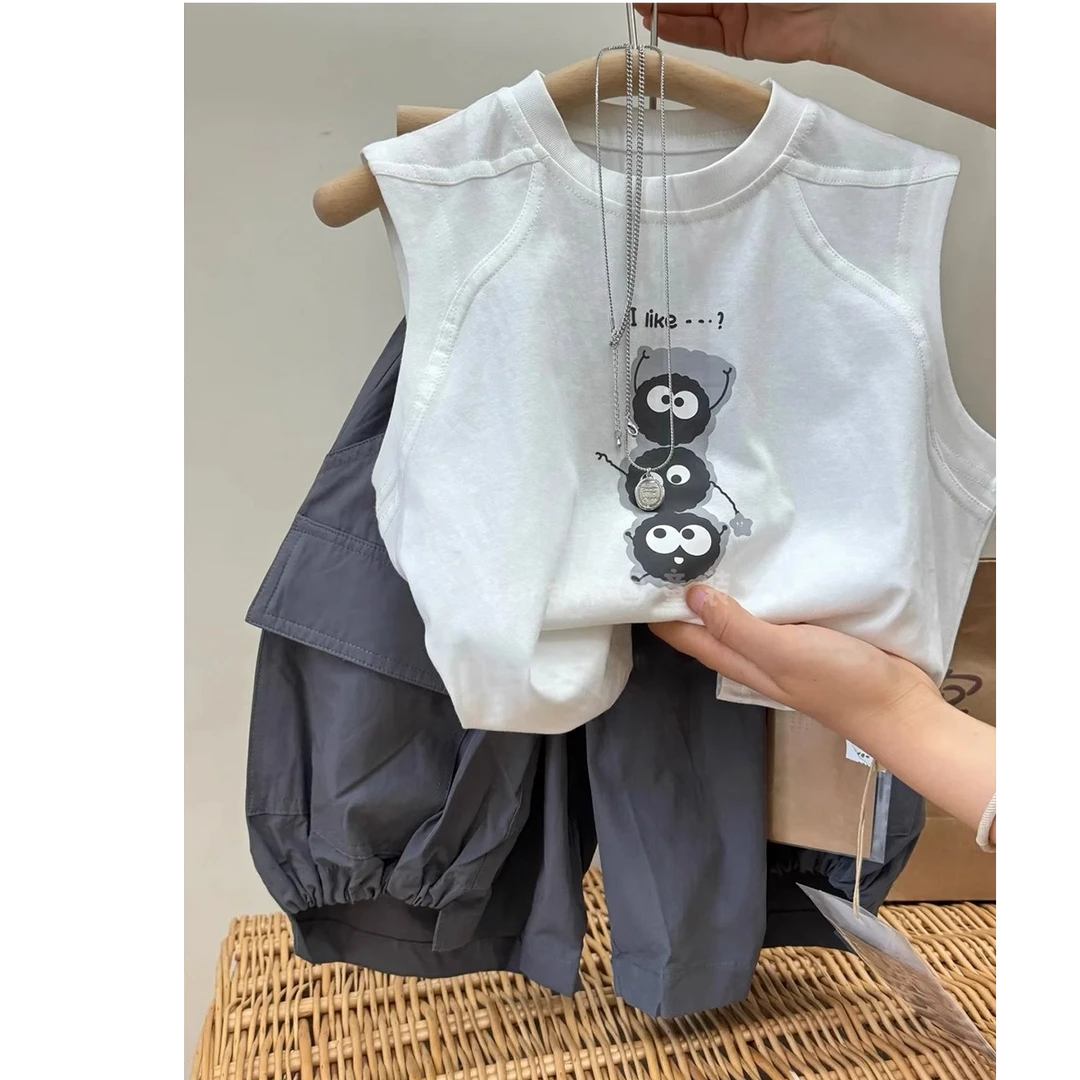 男童无袖T恤儿童夏装套装2025新款洋气痞帅卡通背心白色夏季童装