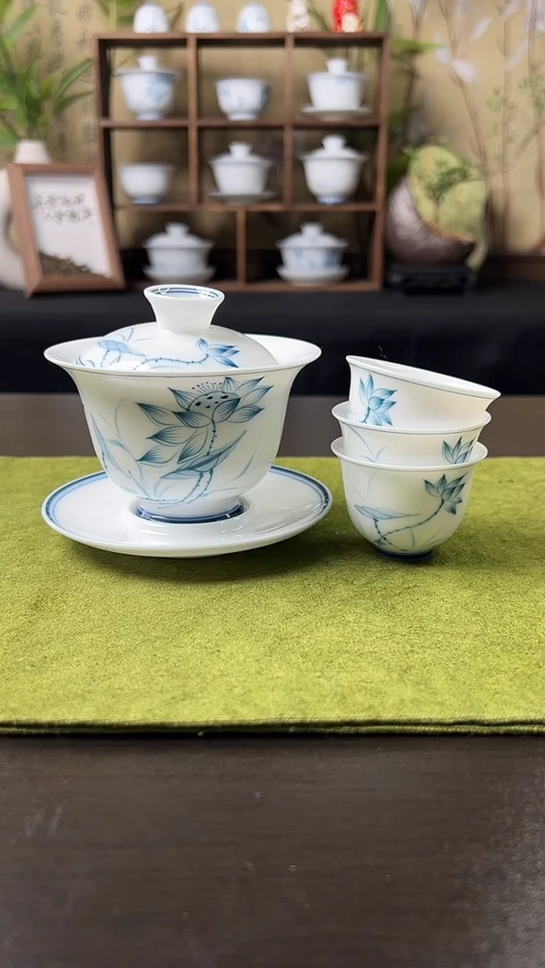 荷花盖碗+壶承+3客杯