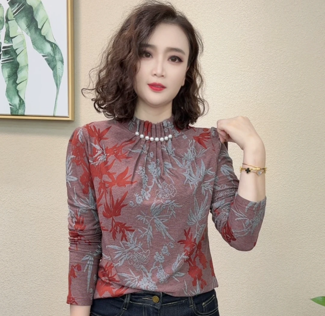 2025秋季新款休闲风耐磨钉珠长袖时尚洋气半高领女士T恤#875554