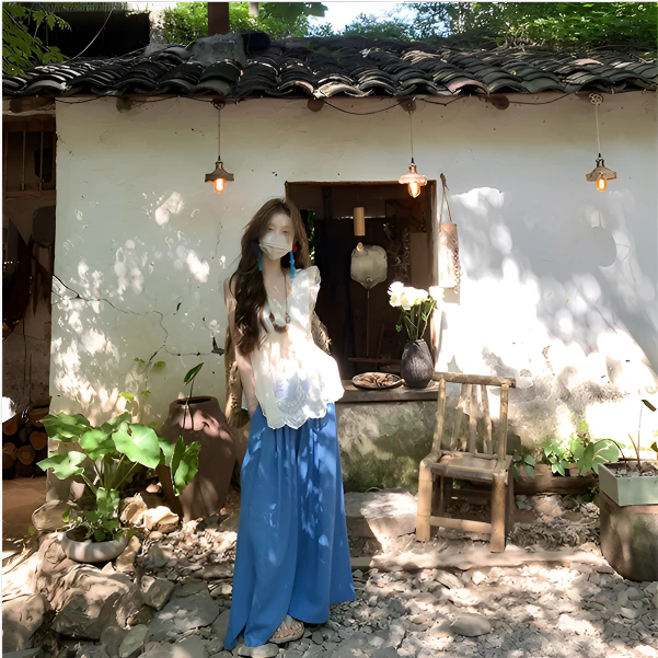 田园个性穿搭V领蕾丝边小飞袖微透显瘦百搭小众上衣阔腿休闲裤