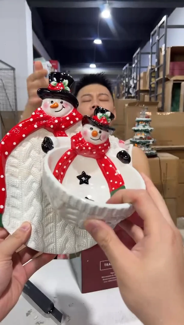 瓷片原盒雪人盘加雪人碗 陶瓷材质