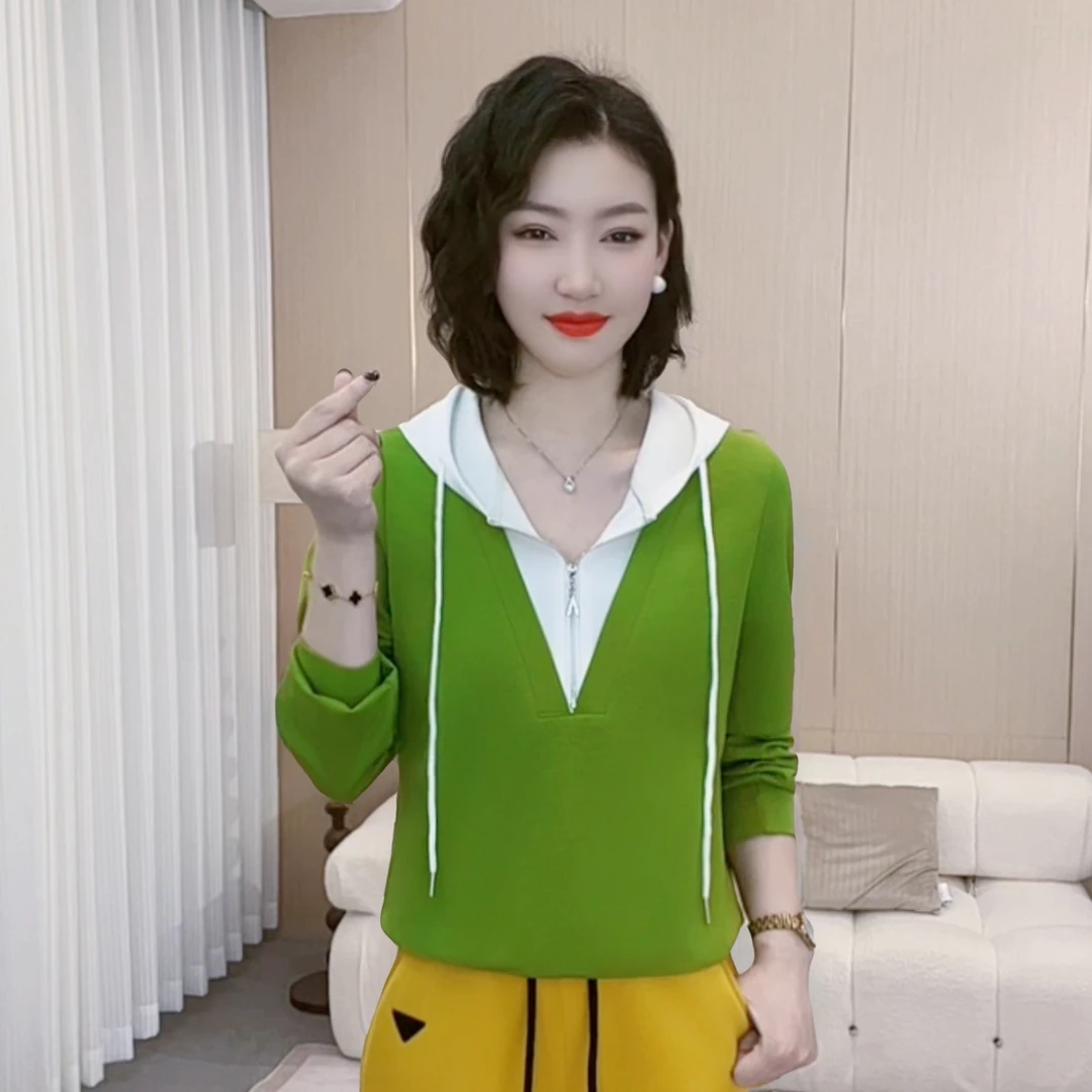 2025春季时尚洋气新款假两件拼接连帽设计潮牌百搭显瘦上衣P2622