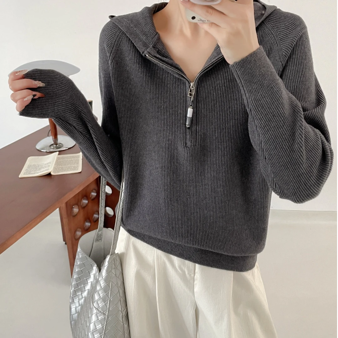 薄款纯色连帽拉链宽松型针织毛衣显瘦长袖短款带帽