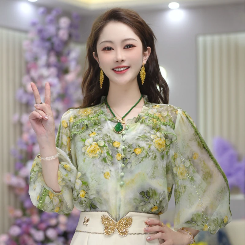 米娅 衬衫女夏季爆款时尚高档气质百搭宽松版显瘦碎花衬衣 DY5781