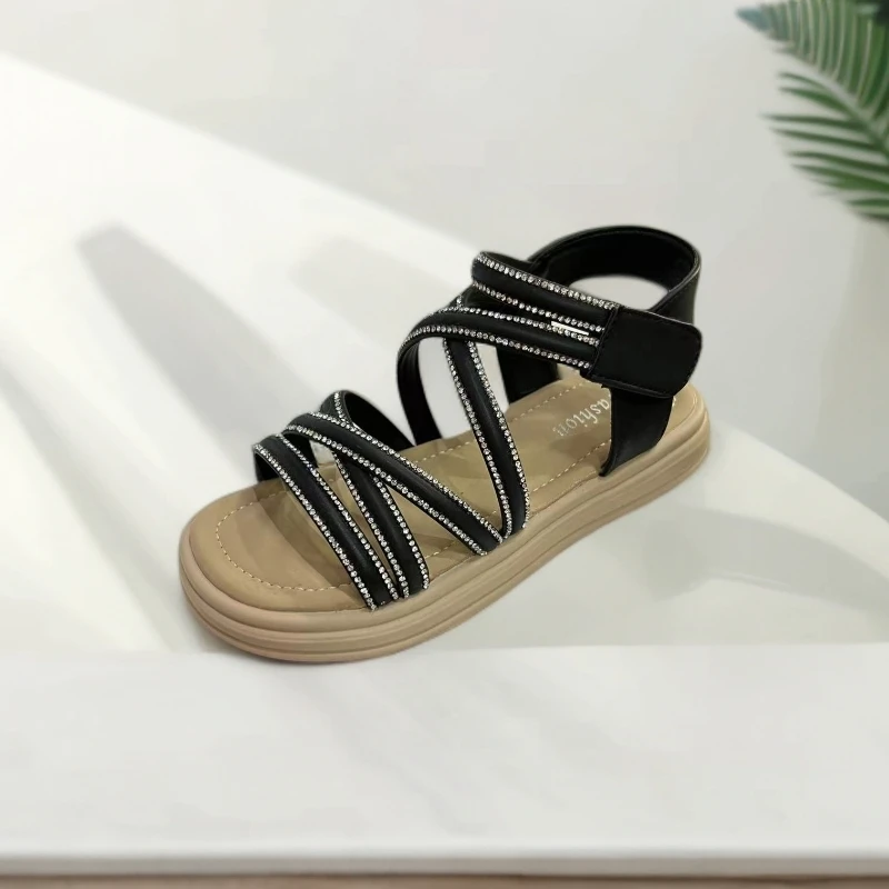 夏季中大童超轻超软简约亮钻绑带公主凉鞋