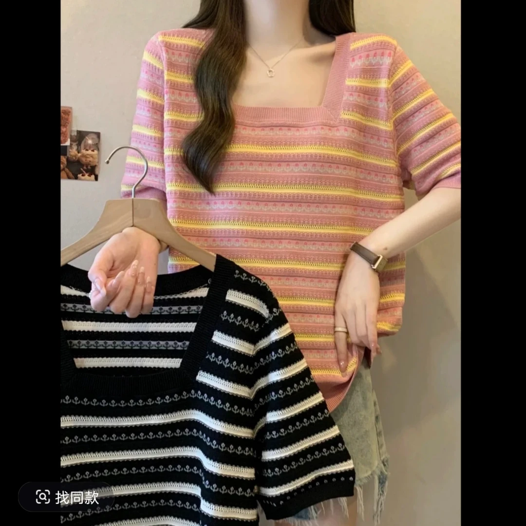 大码女装方领正肩撞色条纹胖MM宽松遮肚子显瘦短袖针织衫上衣926