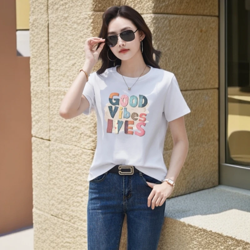 白色正肩短袖t恤女2025新款夏季百搭烫钻印花遮肚子显瘦宽松上衣