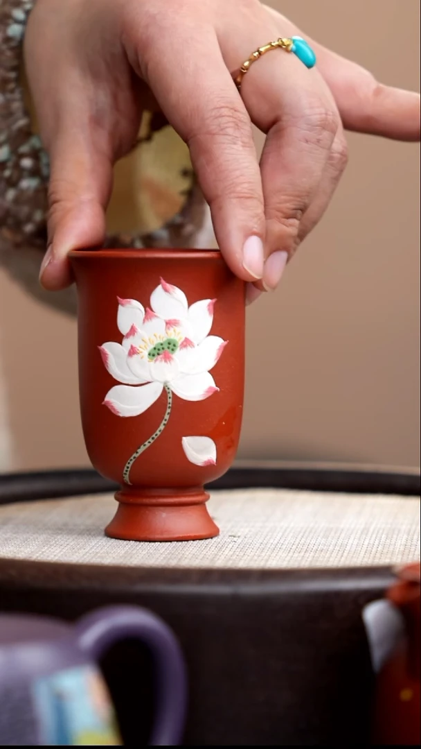 茶壶紫砂朱泥高脚瘦铃铛杯彩荷