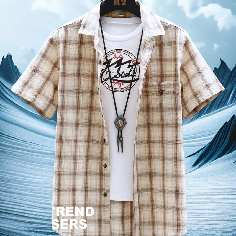 汤米芙兰可格子短袖衬衫夏季休闲衬衣时尚薄款韩版男士青少年潮流