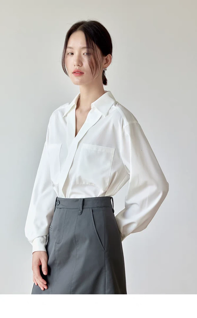 2025春季新款白色纯棉法式V领长袖白衬衫女宽松上衣系高级感衬衣