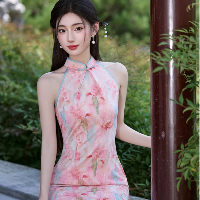 粉色百合挂脖新款旗袍气质小个子显瘦连衣裙