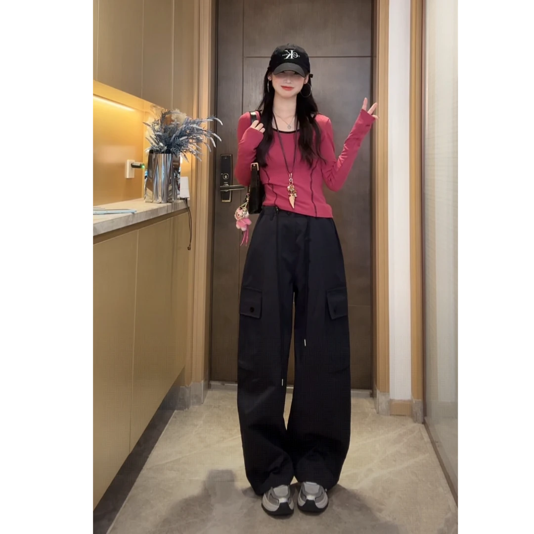 夏春茶美式弯刀裤女2025秋季款宽松阔腿休闲束脚显瘦百搭工装裤-S