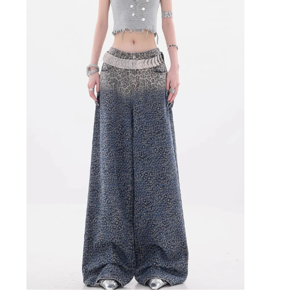 美式复古渐变色豹纹设计阔腿牛仔裤女2025早秋新款宽松裤子1300#