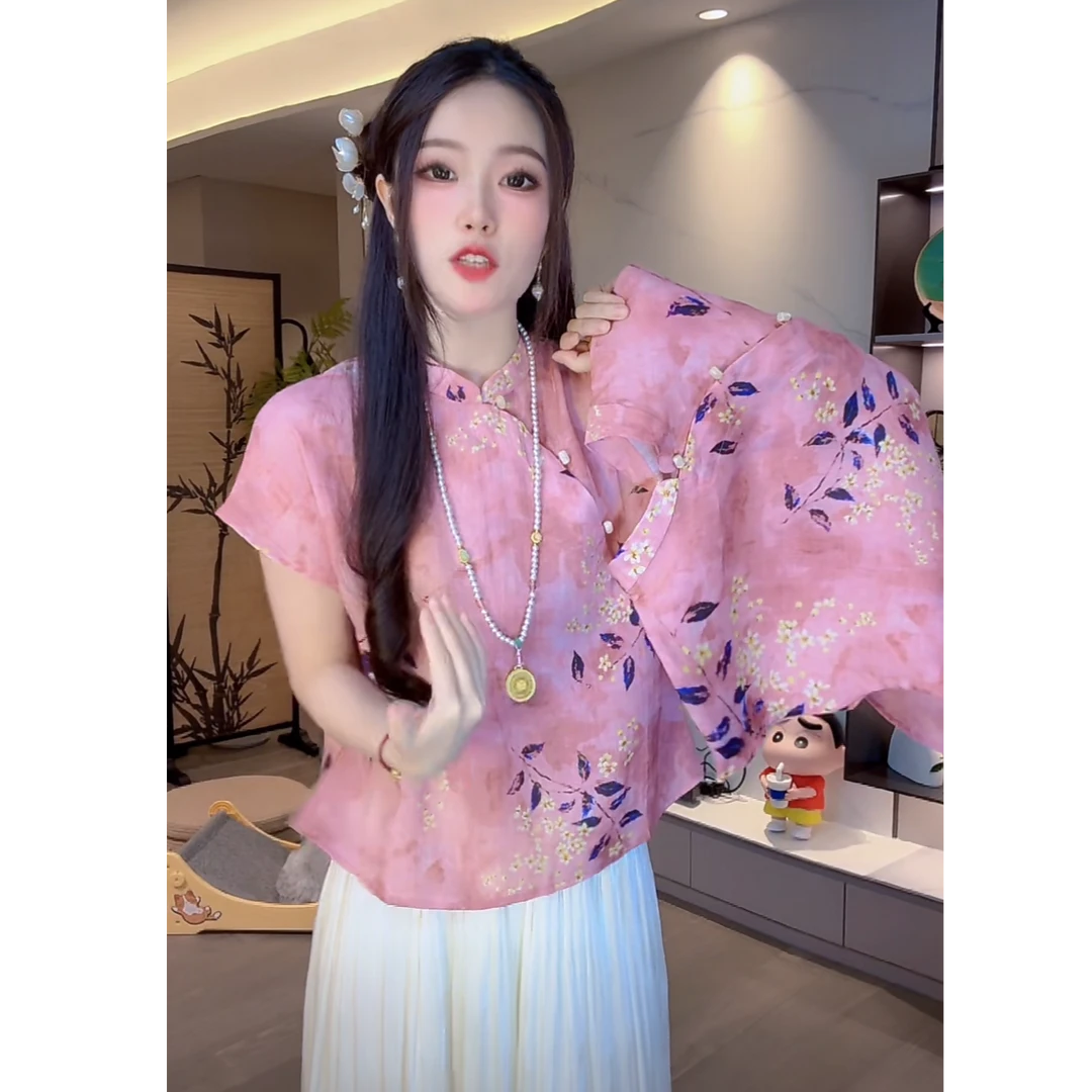 新中式国风上衣复古减龄气质衬衣女夏季斜襟盘扣小衫9026