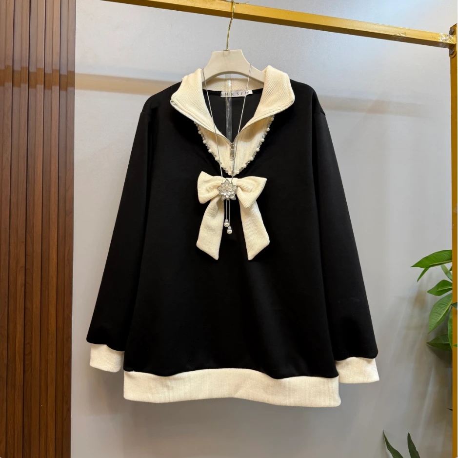 新款大码女装时尚洋气假两件蝴蝶结设计百搭遮肉卫衣