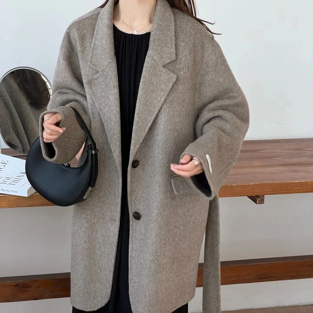 FUJIA STYLE新款纯色休闲气质宽松韩版腰带毛呢外套23W005