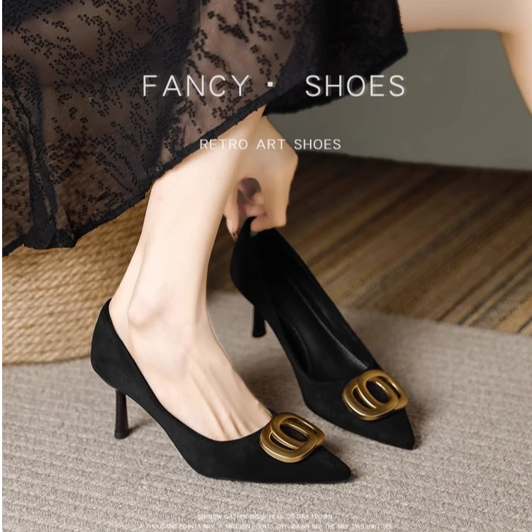 2025春款新款法式单鞋尖头细跟跟高女鞋黑色职业气质性感软底女鞋