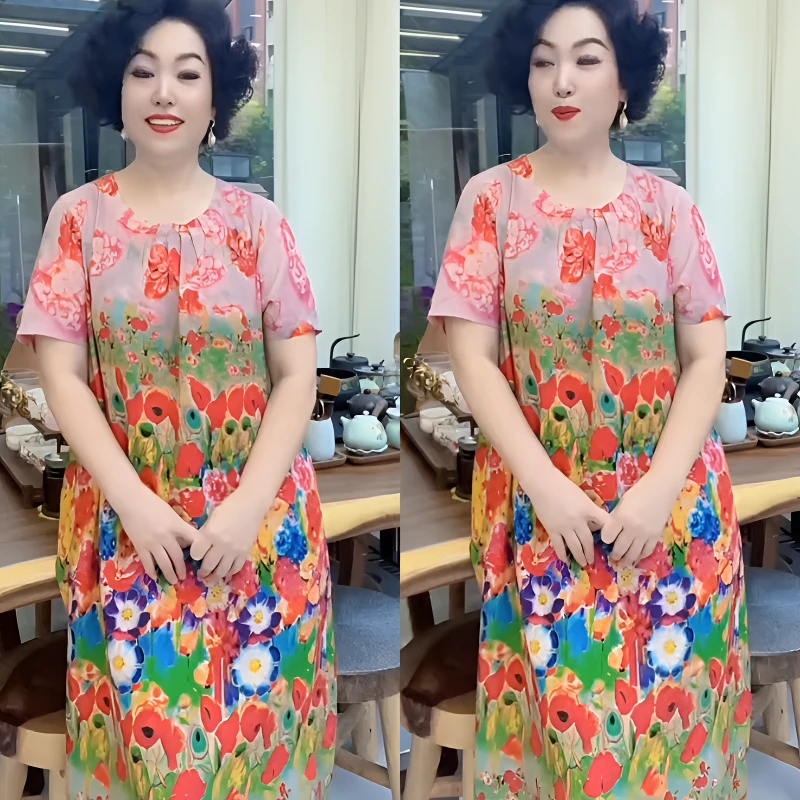 429高品质连衣裙夏季新款中年妈妈洋气高贵真丝时尚短袖沙滩裙