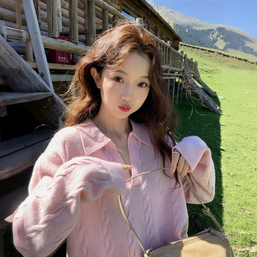 翻领粉色毛衣女秋冬新款慵懒风宽松针织衫百搭洋气减龄上衣