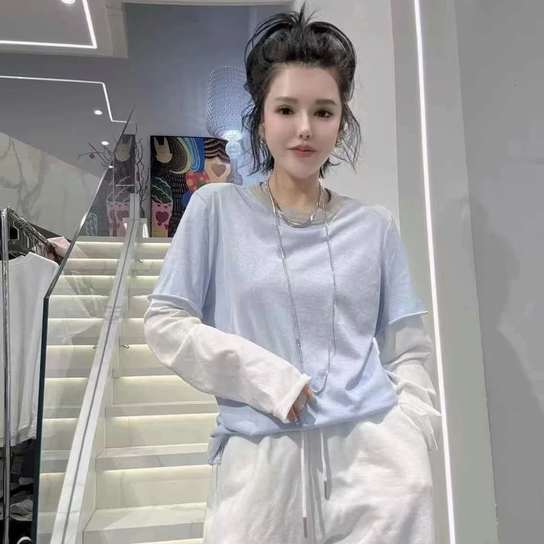 欧洲站2025春季拼接假两件t恤女时尚洋气百搭长袖套头上衣潮11887