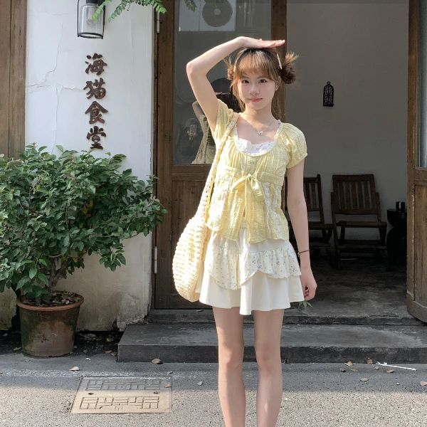 sinsingirl 柠檬慕斯 夏季套装女黄色短袖衬衫+米色拼接蛋糕半裙