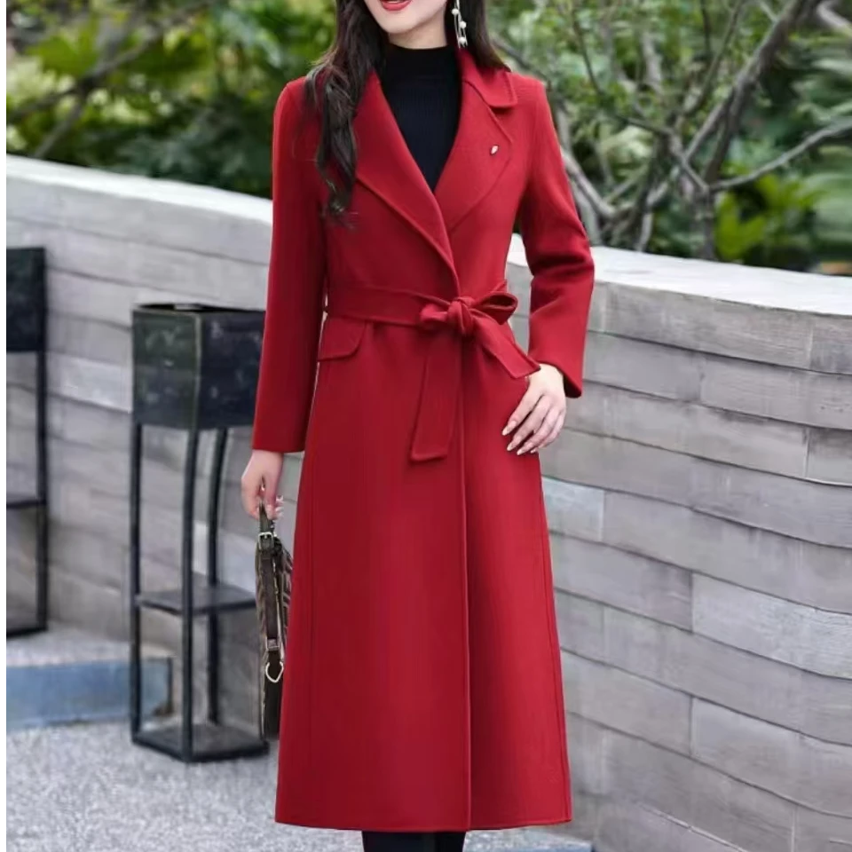 双面羊毛大衣女中长款2024秋冬新款西装领时尚高端毛呢外套G010