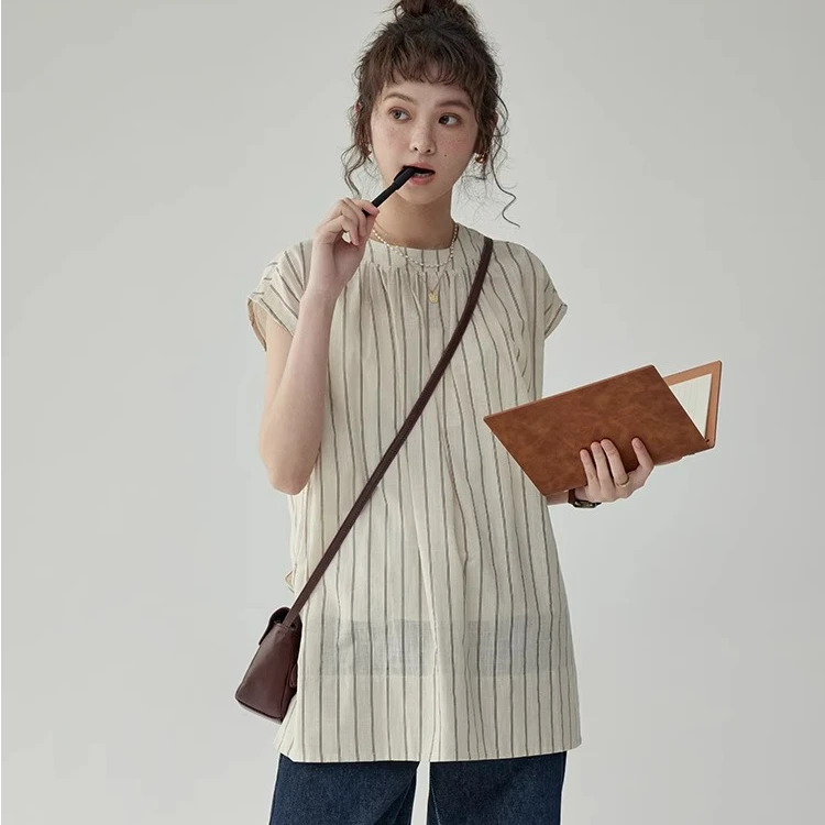 法式慵懒无袖条纹衬衫减龄气质女夏季圆领宽松设计感坎肩背心衬衣