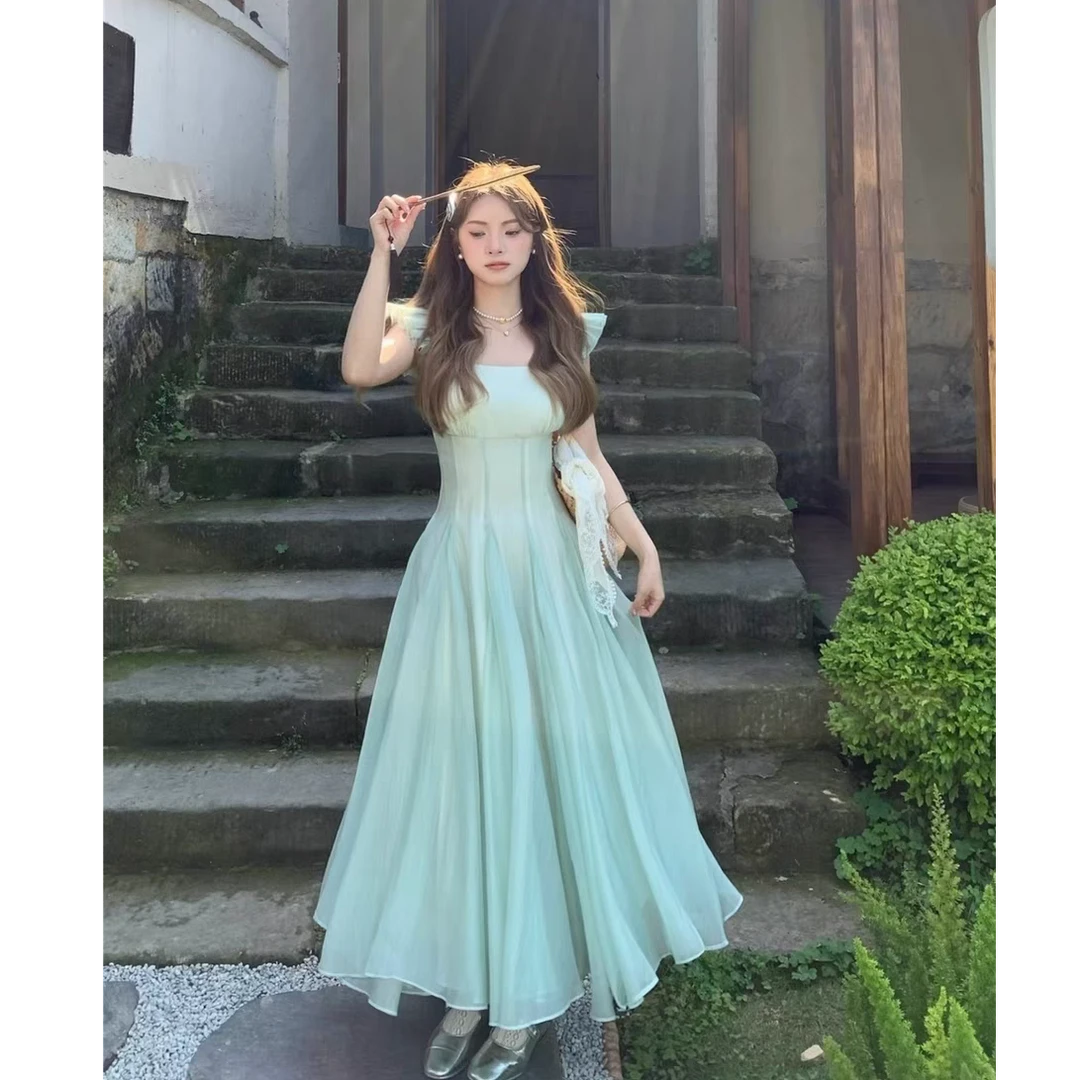 【现货】大码法式度假裙气质收腰大摆薄荷绿色浪漫连衣裙11084