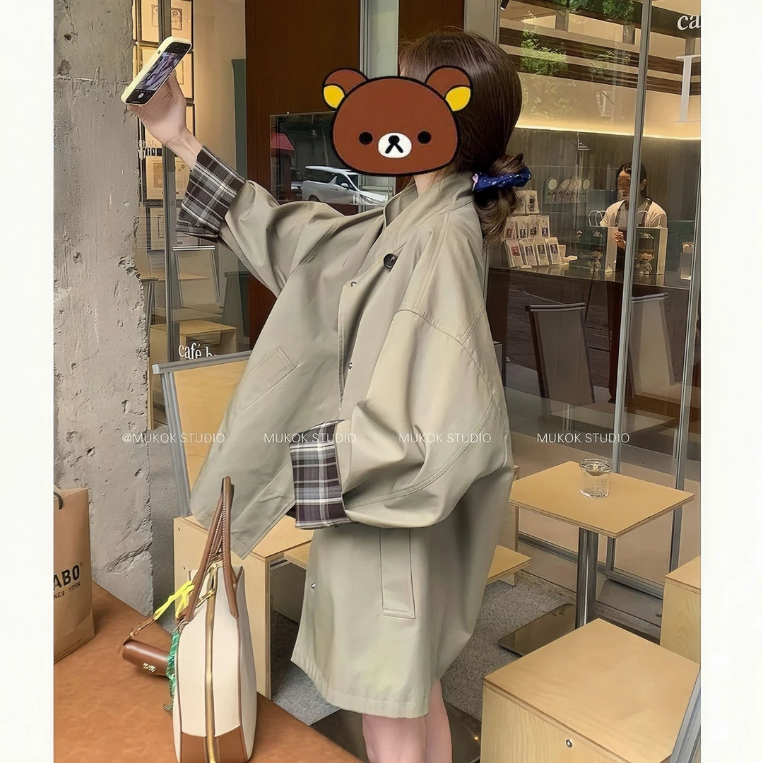 春秋新款设计感经典撞色风衣外套英伦风显瘦宽松大衣洋气韩版时尚