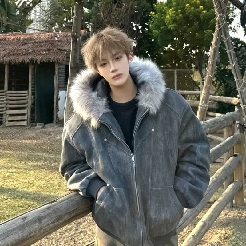 深灰色扎染座山雕棉服男款冬季加厚保暖棉衣外套cleanfit连帽夹克