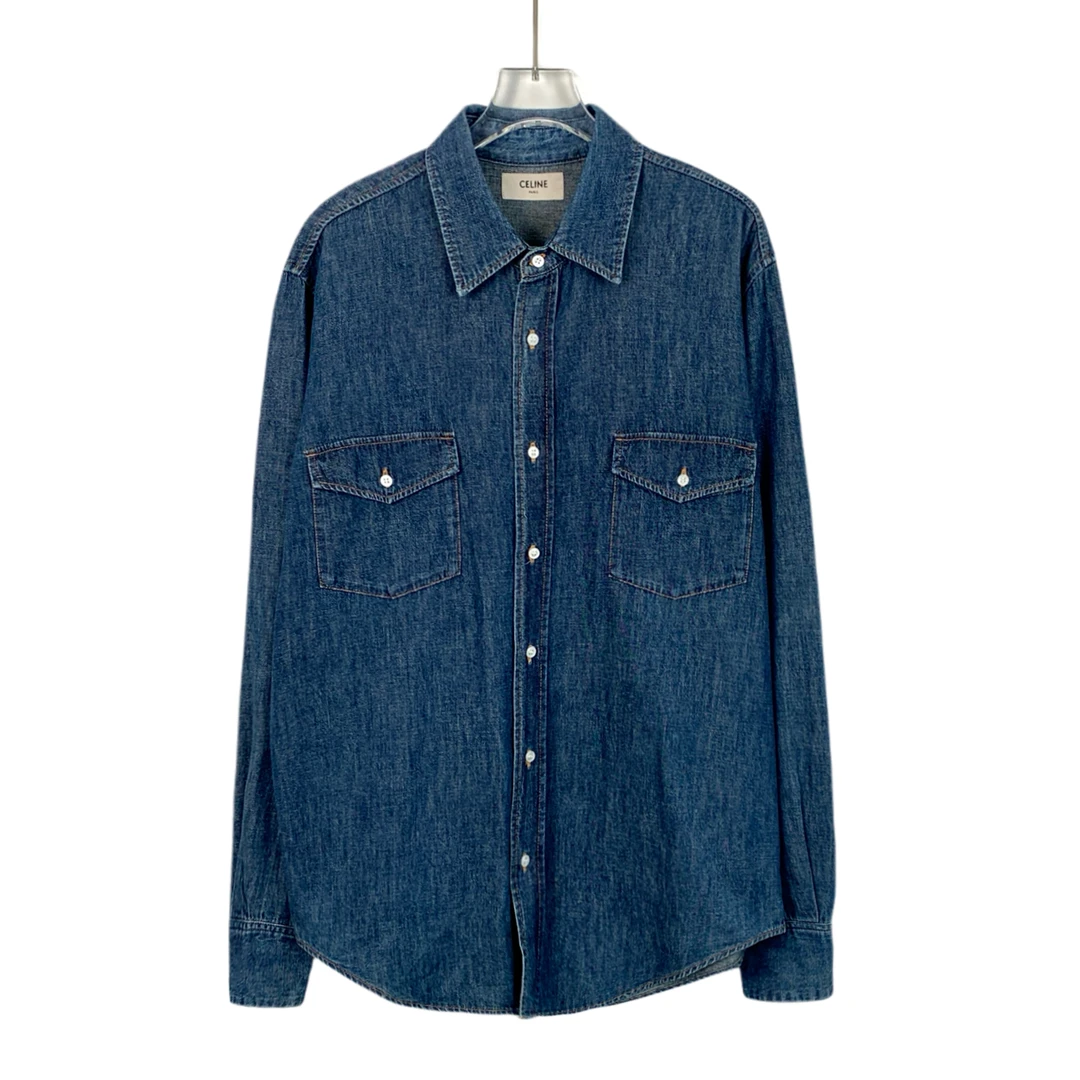 99新 Celine/思琳 X13467 蓝色棉质翻领长袖单排扣牛仔衬衫 L