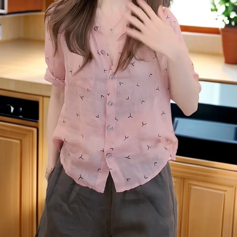 洋气设计感千鸟衬衫女2025夏季新款简约时尚中袖衬衣宽松短袖上衣