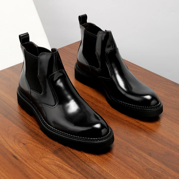冬季英伦切尔西靴男靴尖头真皮靴厚底短靴子男士亮面高帮皮鞋加绒