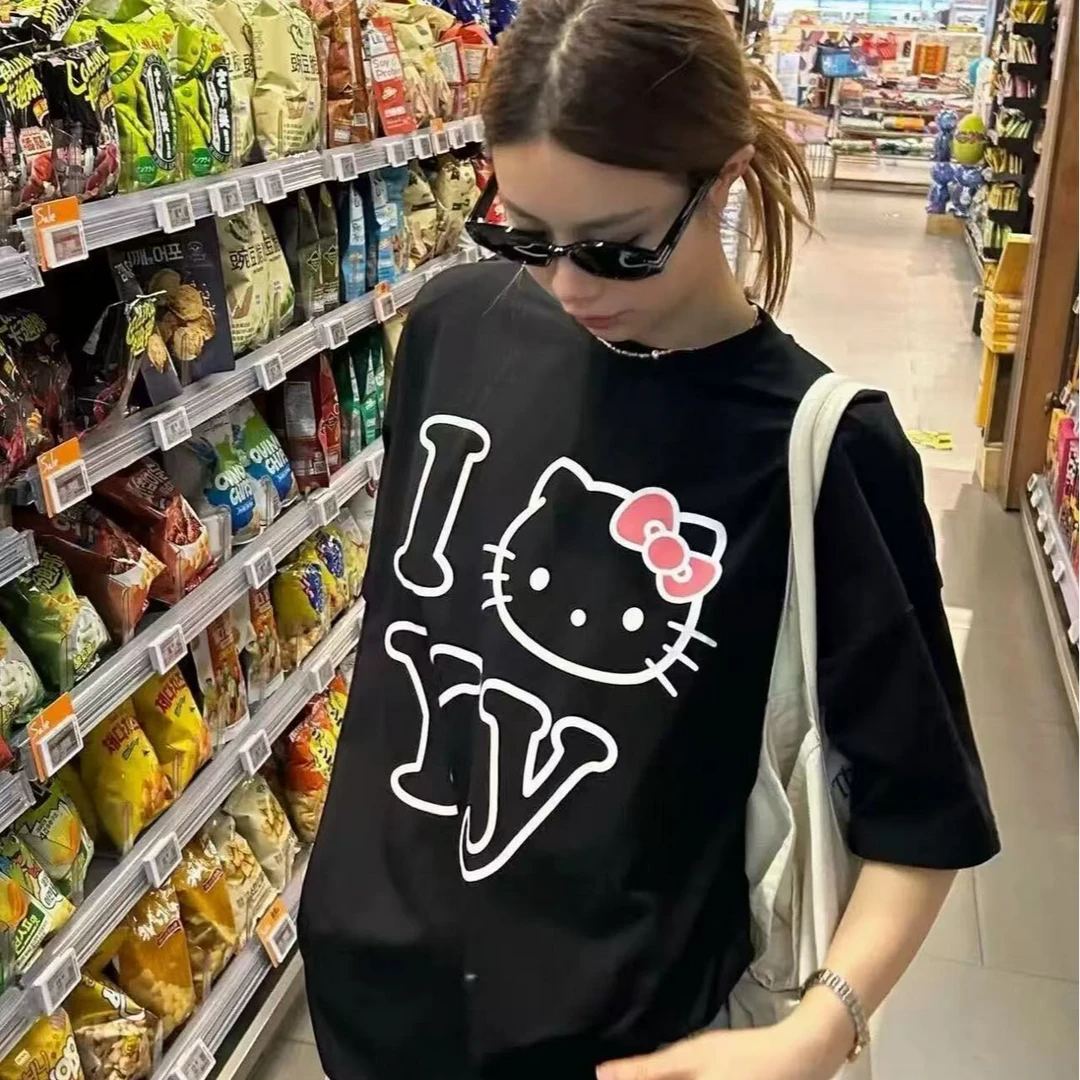 HelloKitty凯蒂猫短袖t恤女夏季新款美式复古宽松纯棉半袖上衣潮