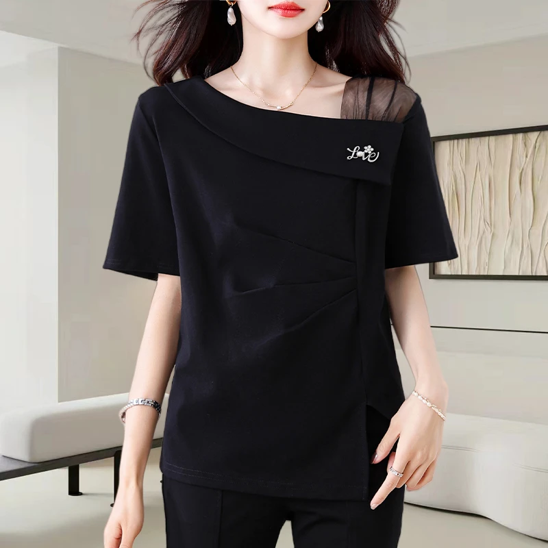 黑色斜肩短袖t恤女夏季2025新款时尚修身显瘦百搭休闲不规则上衣