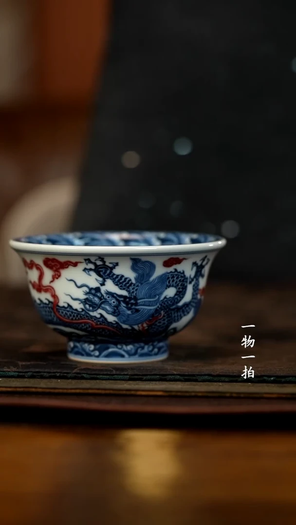 大***细青花釉里红霸王龙压手杯
