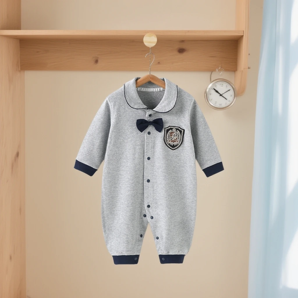 婴儿连体衣周岁礼满月宝宝哈衣春秋英伦爬服翻领绅士风外出服洋气