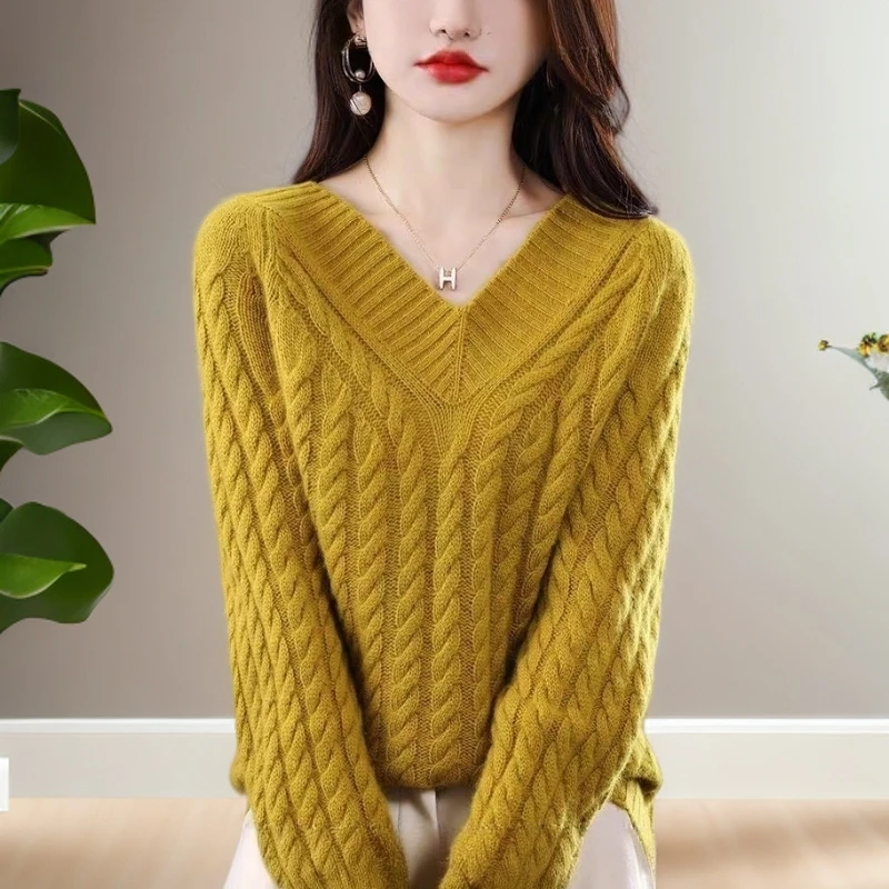 春秋新款时尚绵羊绒毛衣百搭洋气网红爆款v领套头上衣纯色针织衫