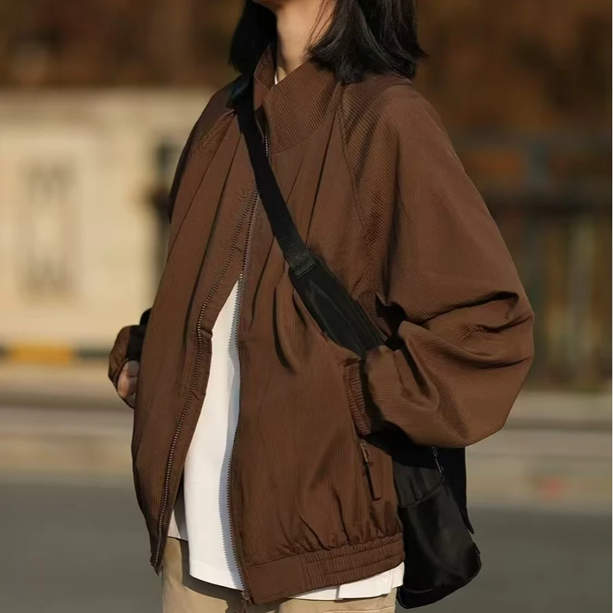 春秋季日系复古拉链开衫立领夹克男女宽松薄款外套美拉德纯色上衣