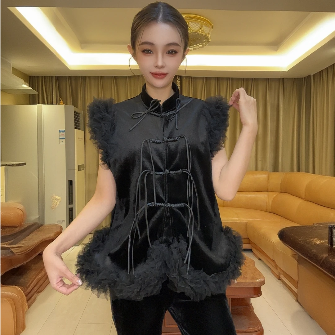 韩版设计感立体网纱花边新中式显瘦丝绒马甲马夹9903