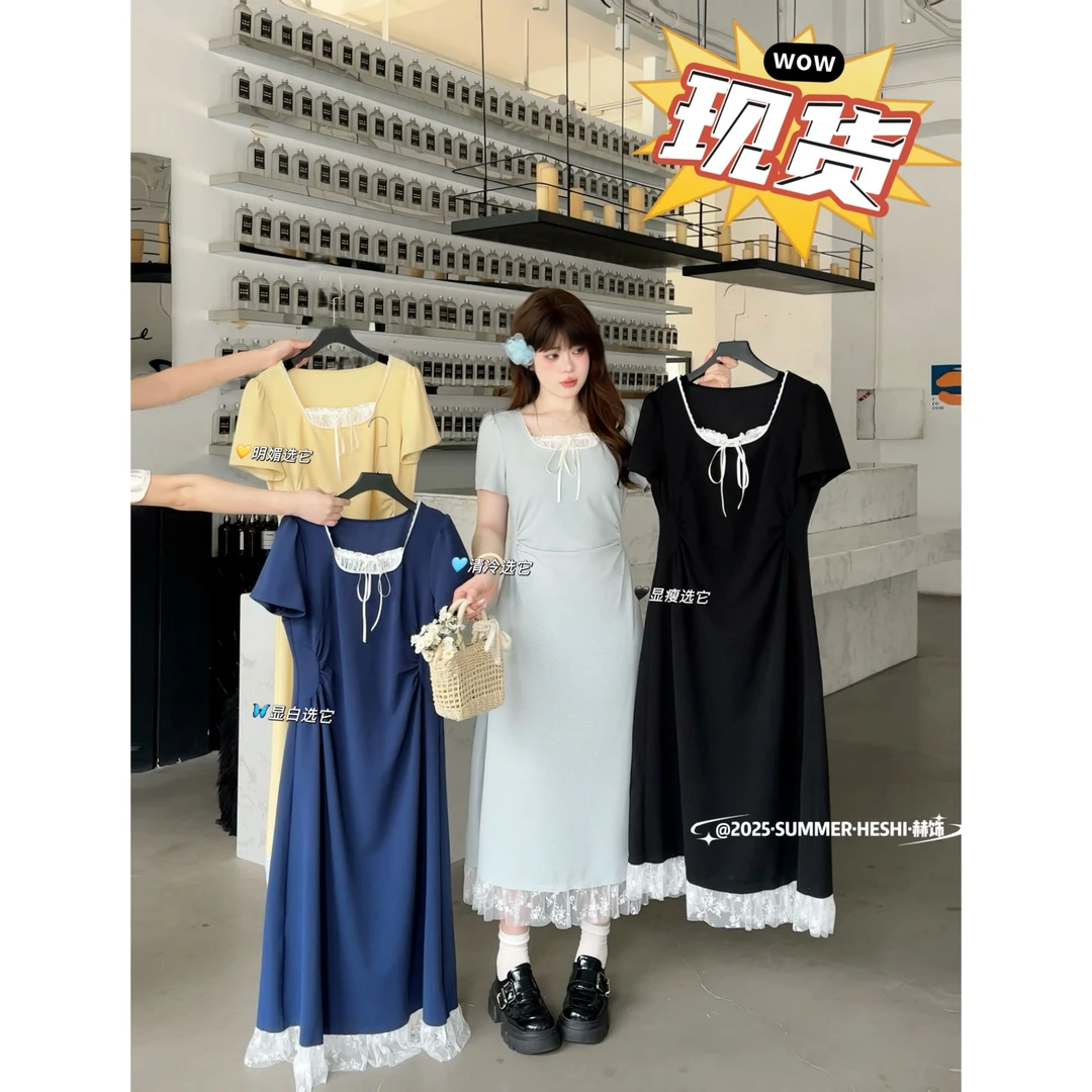 现货【千惠】欧若风大码胖M显瘦减龄显瘦蕾丝花边短袖连衣裙05017D